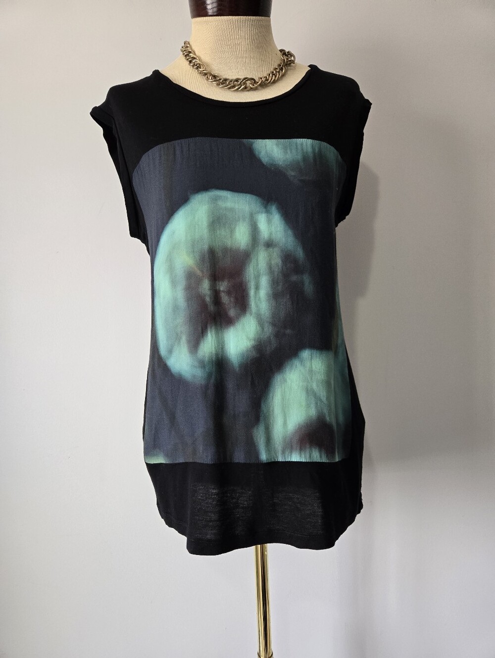 All Saints Aven Black Sleeveless Top with Silk Teal Graphic Front Panel. Small